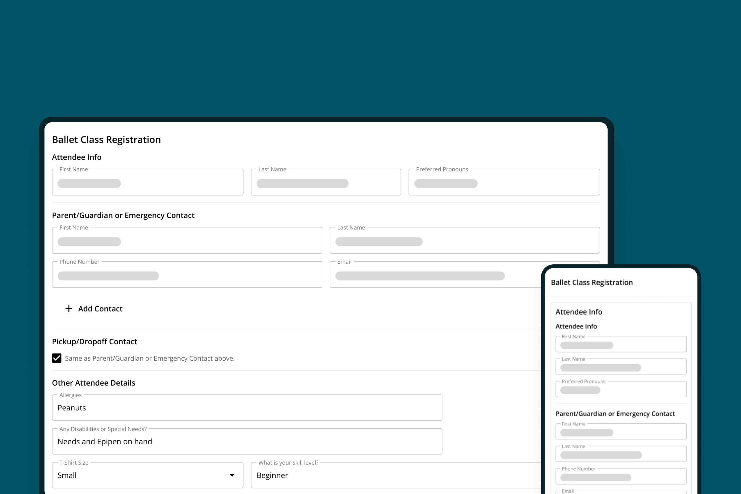 A class registration form with checkout questions in On The Stage, on desktop and mobile.