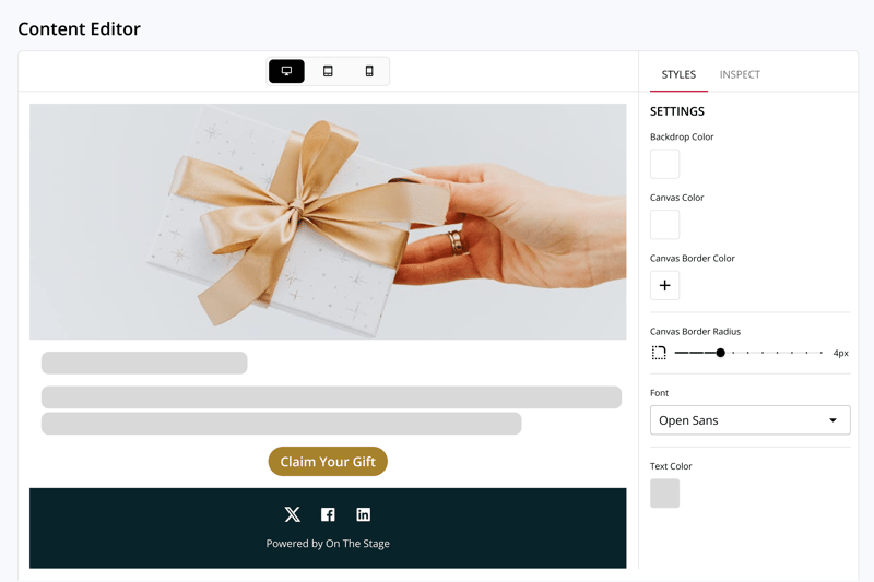 Editing email content block by block in the On The Stage editor