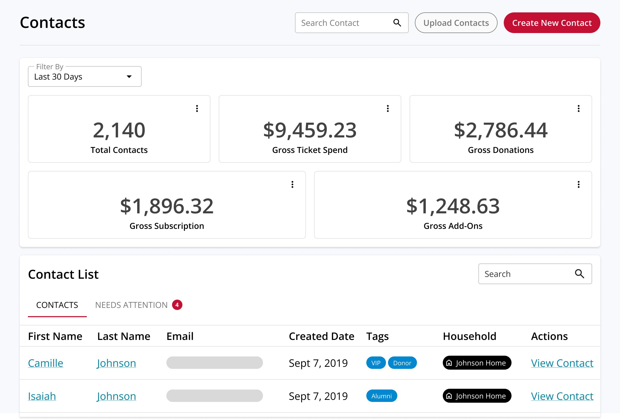 The On The Stage contacts dashboard with totals and a contact list.