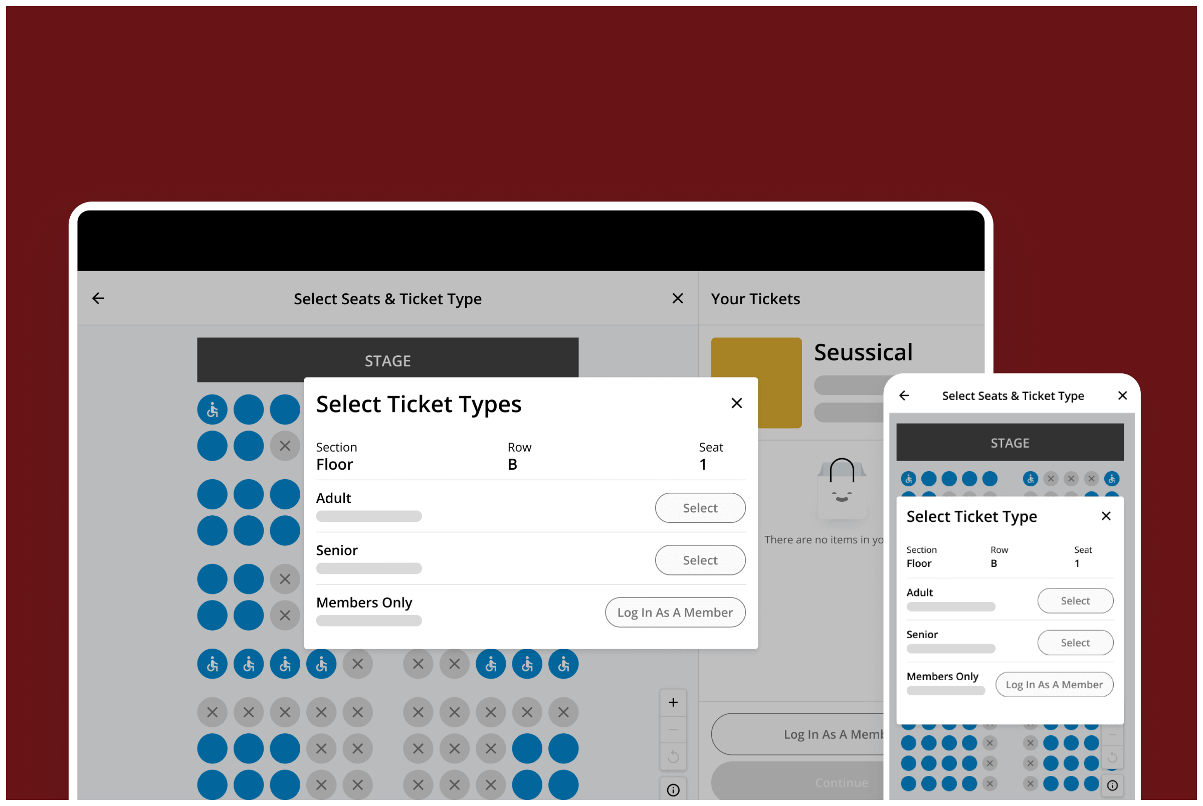 A member selecting member-only tickets in On The Stage, on desktop and mobile.