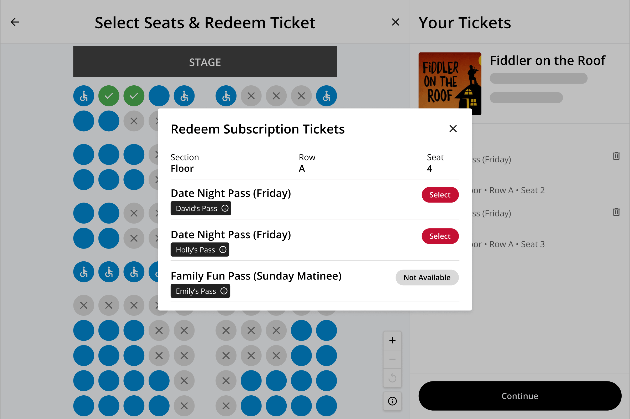 A subscriber redeeming subscription tickets in On The Stage.