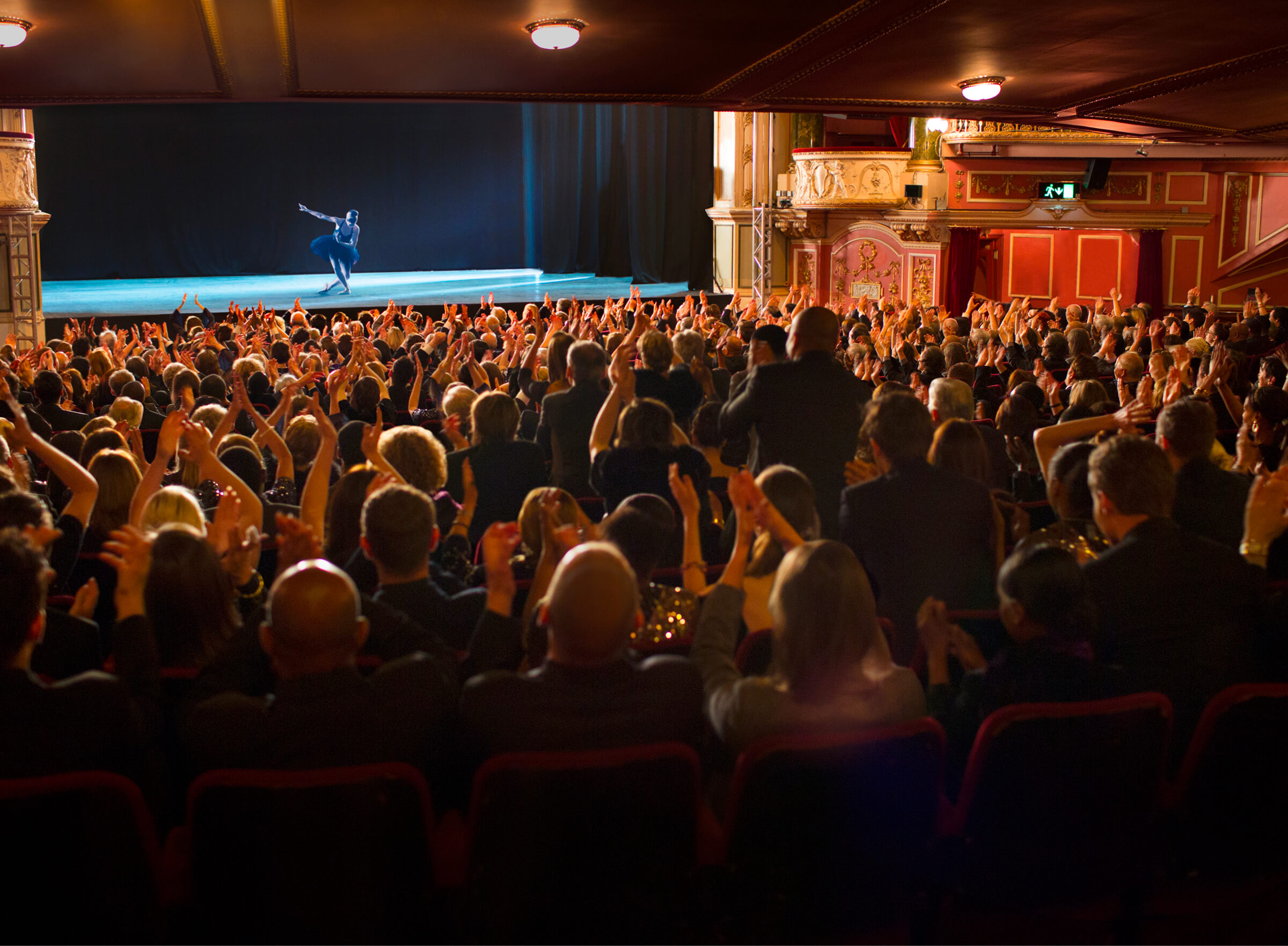 A performer alone on stage before a full house in an ornate theatre