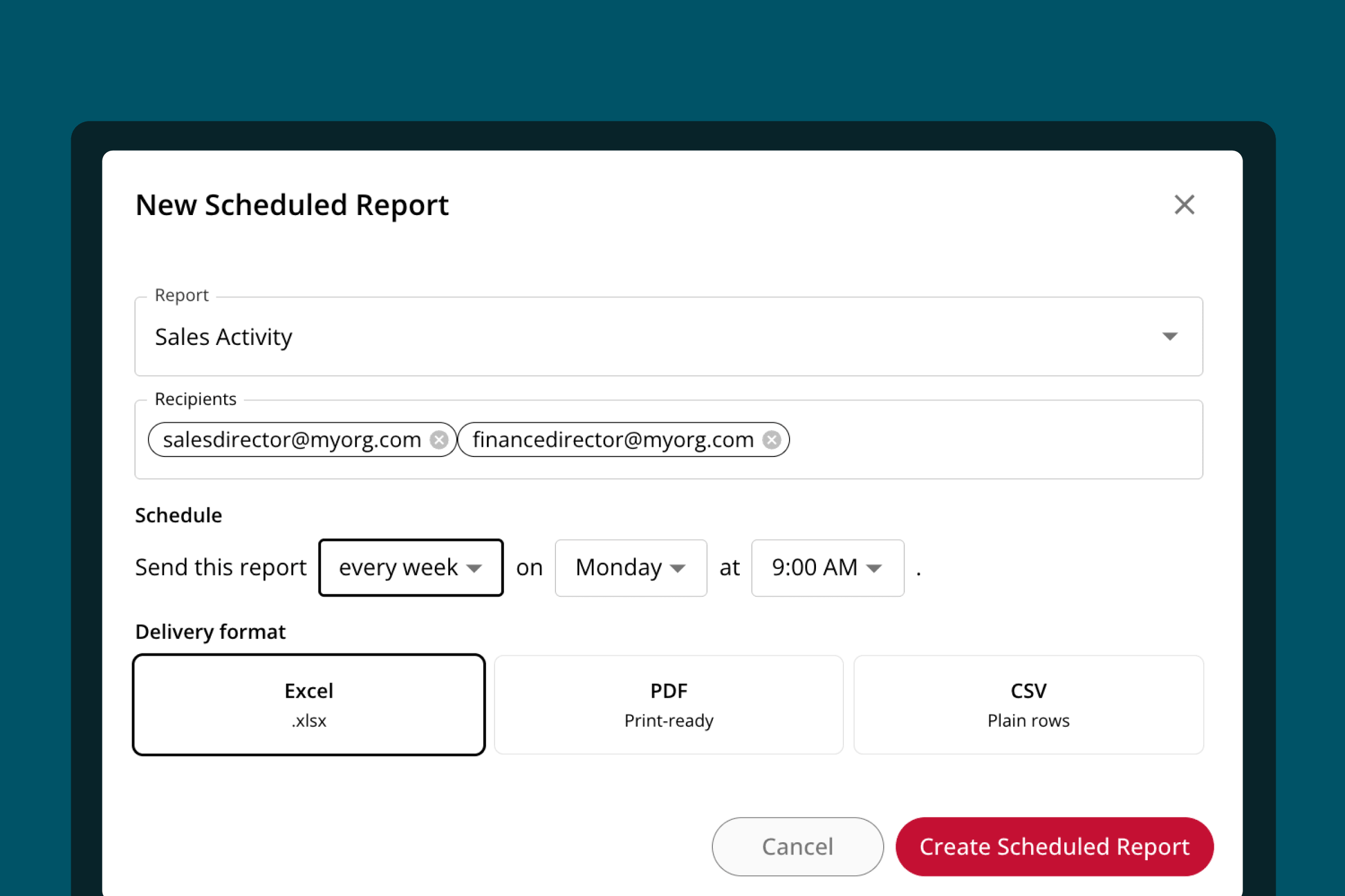 Scheduling a report for email delivery in On The Stage
