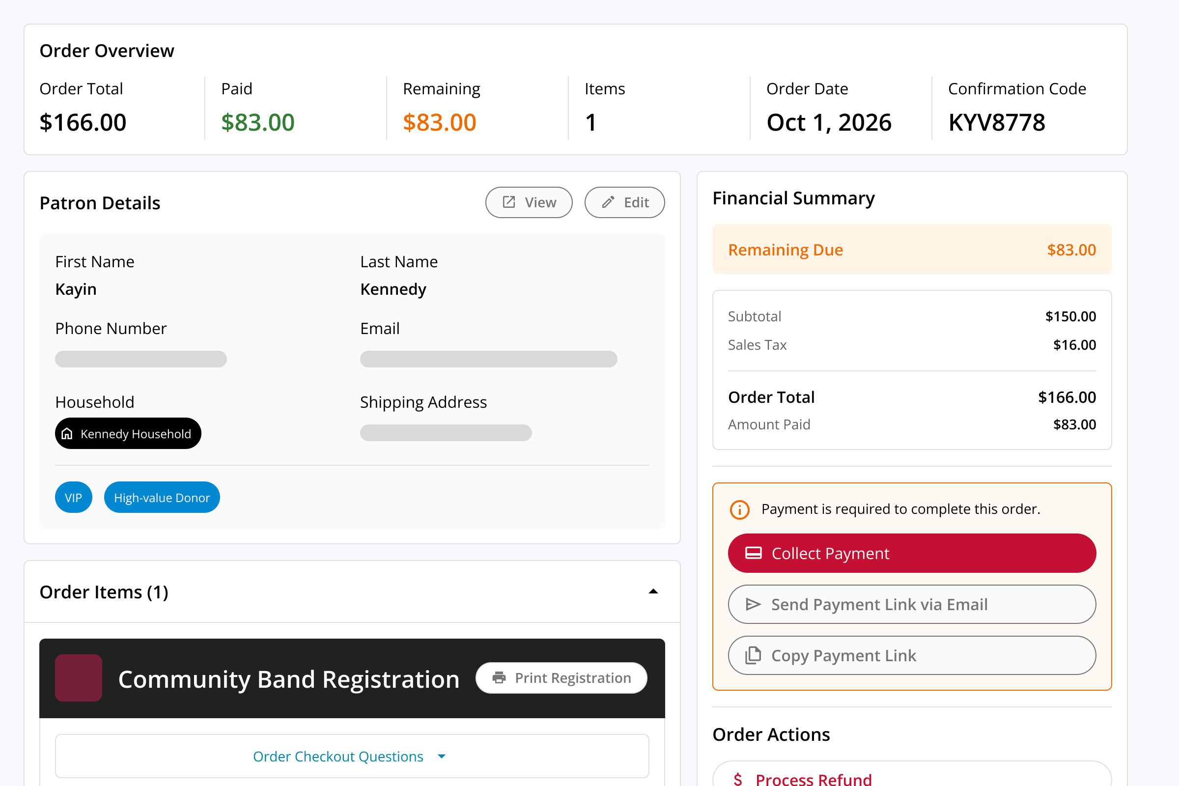 An On The Stage order page with a split payment and the balance due.
