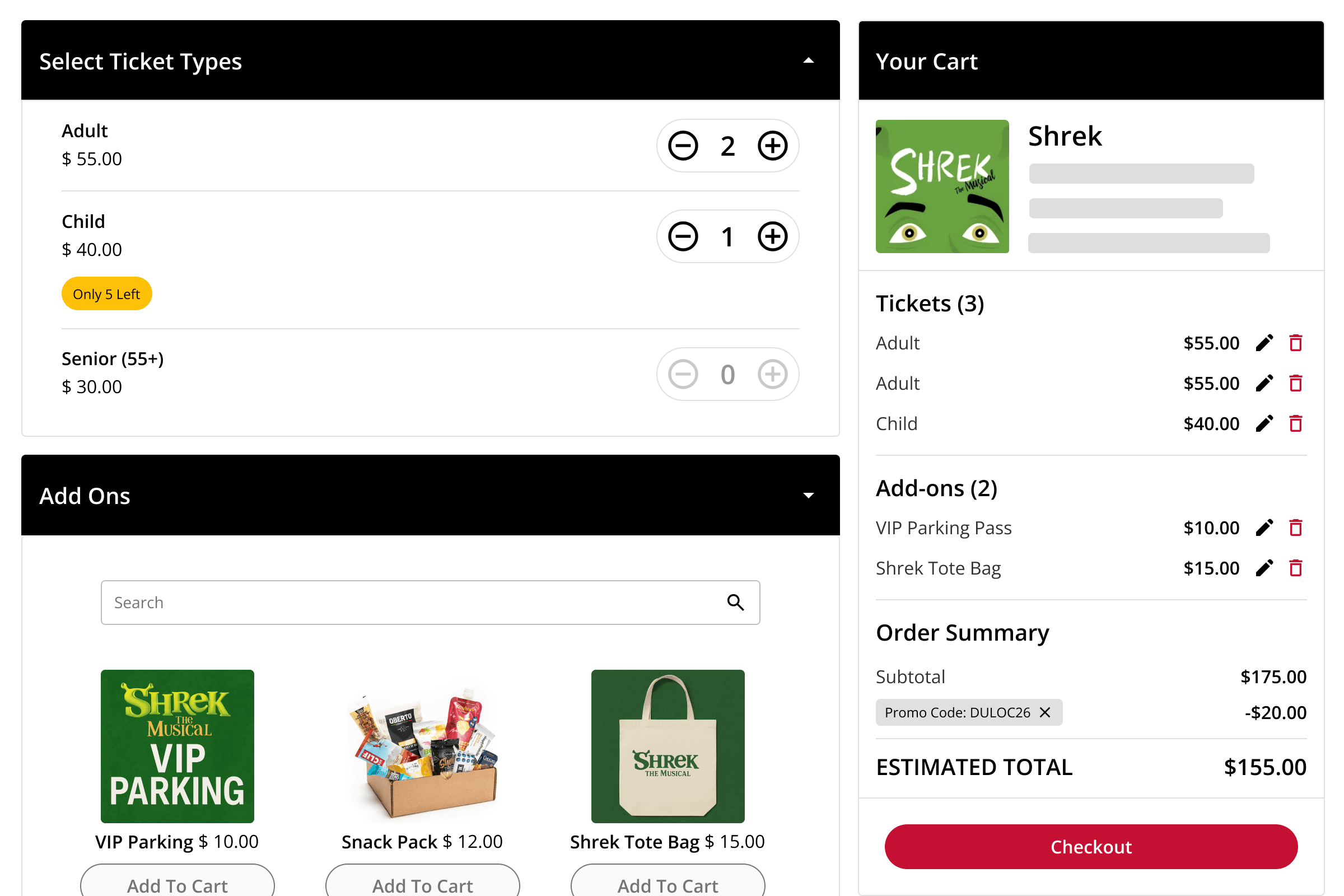 The On The Stage box office selling tickets and add-ons in one cart.