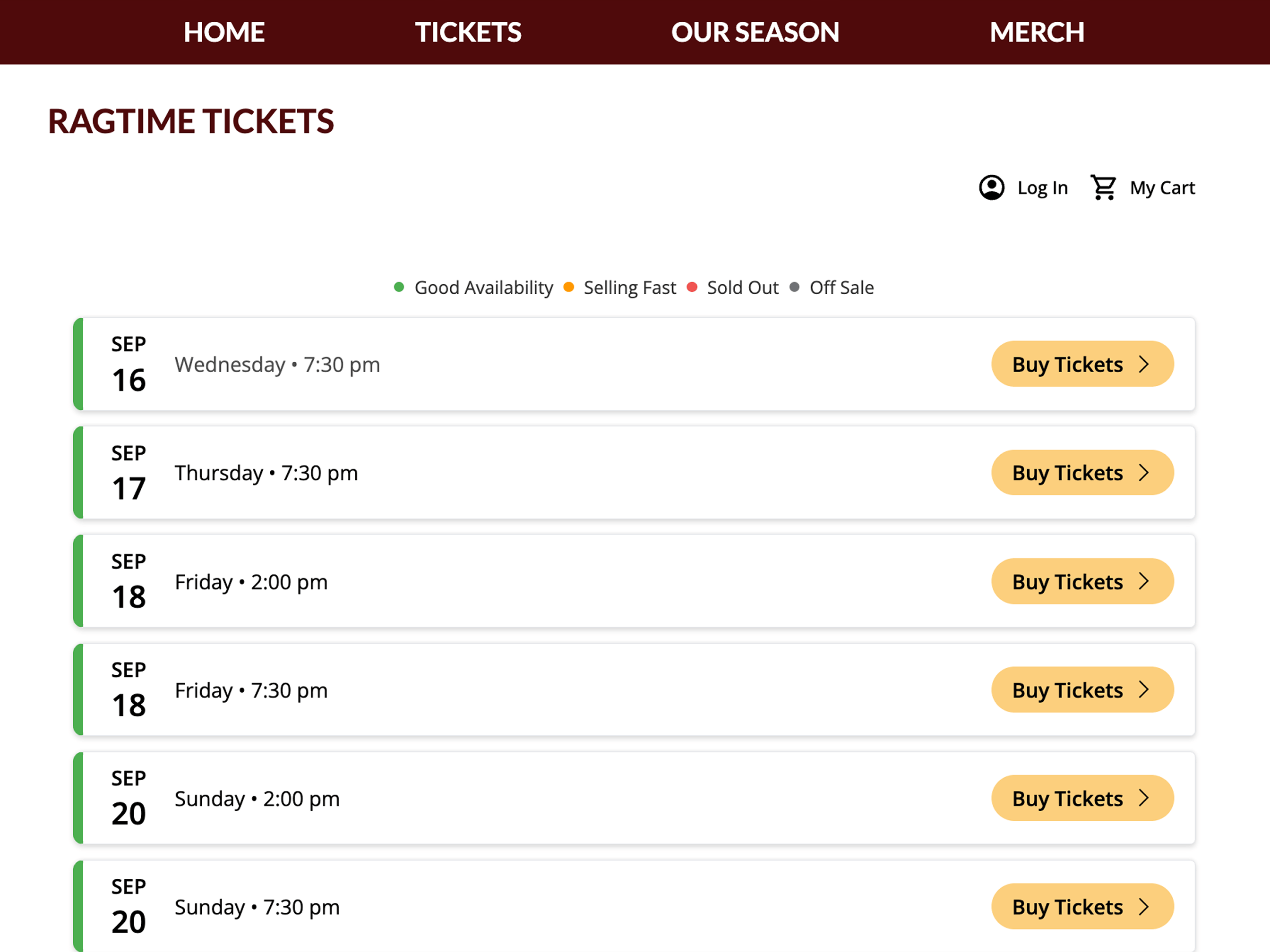 An On The Stage event page for a production of Ragtime