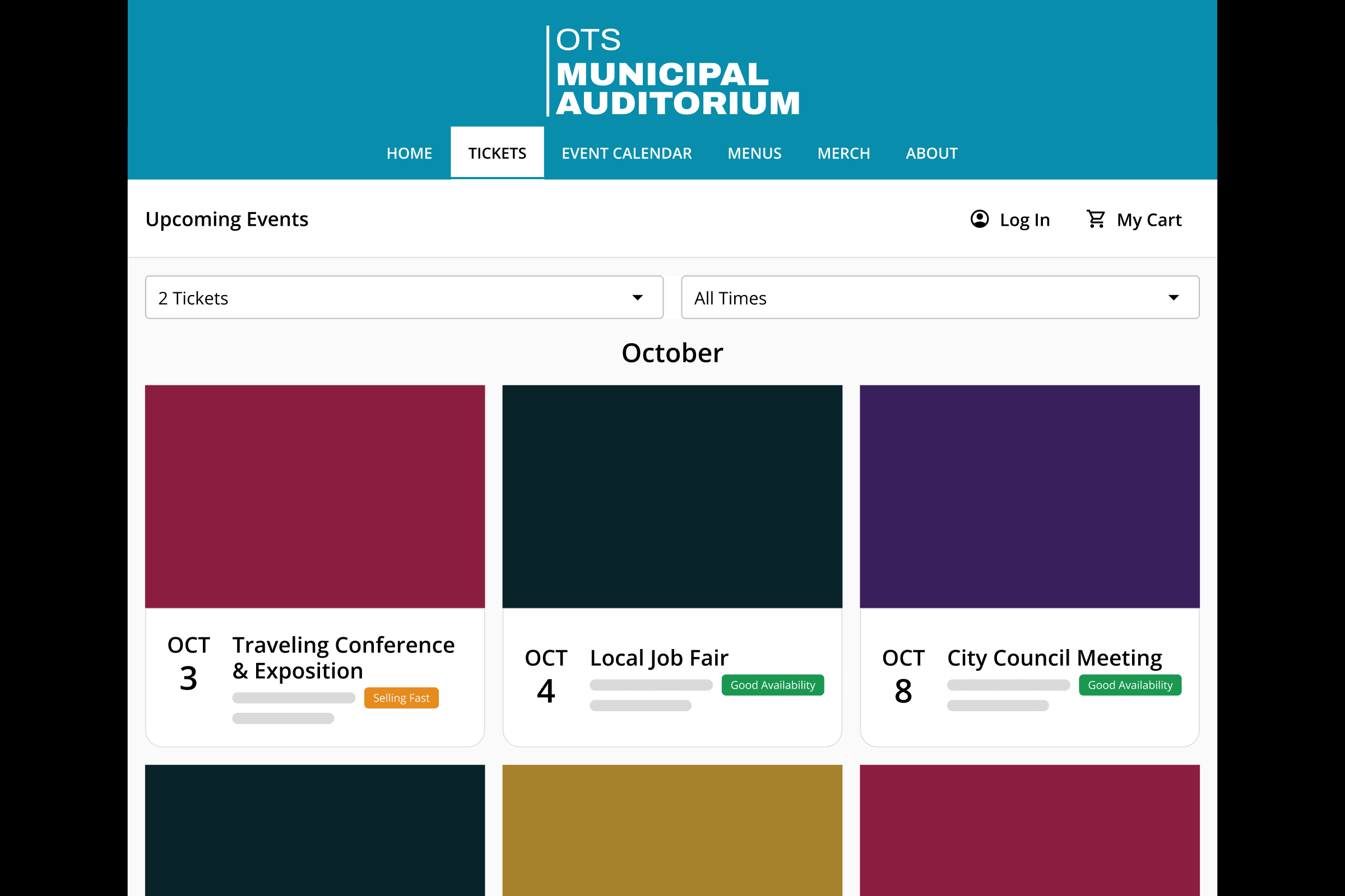 A municipal auditorium's events on sale in the On The Stage gallery view