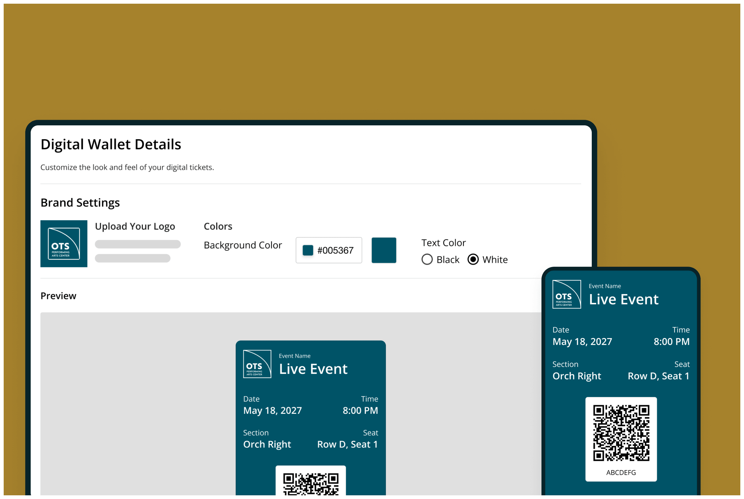 Creating a digital-wallet ticket in On The Stage, beside the patron's Apple Wallet view