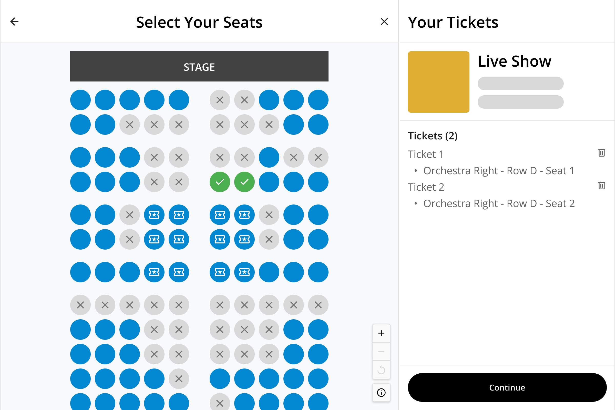 A patron selecting seats on a seating chart