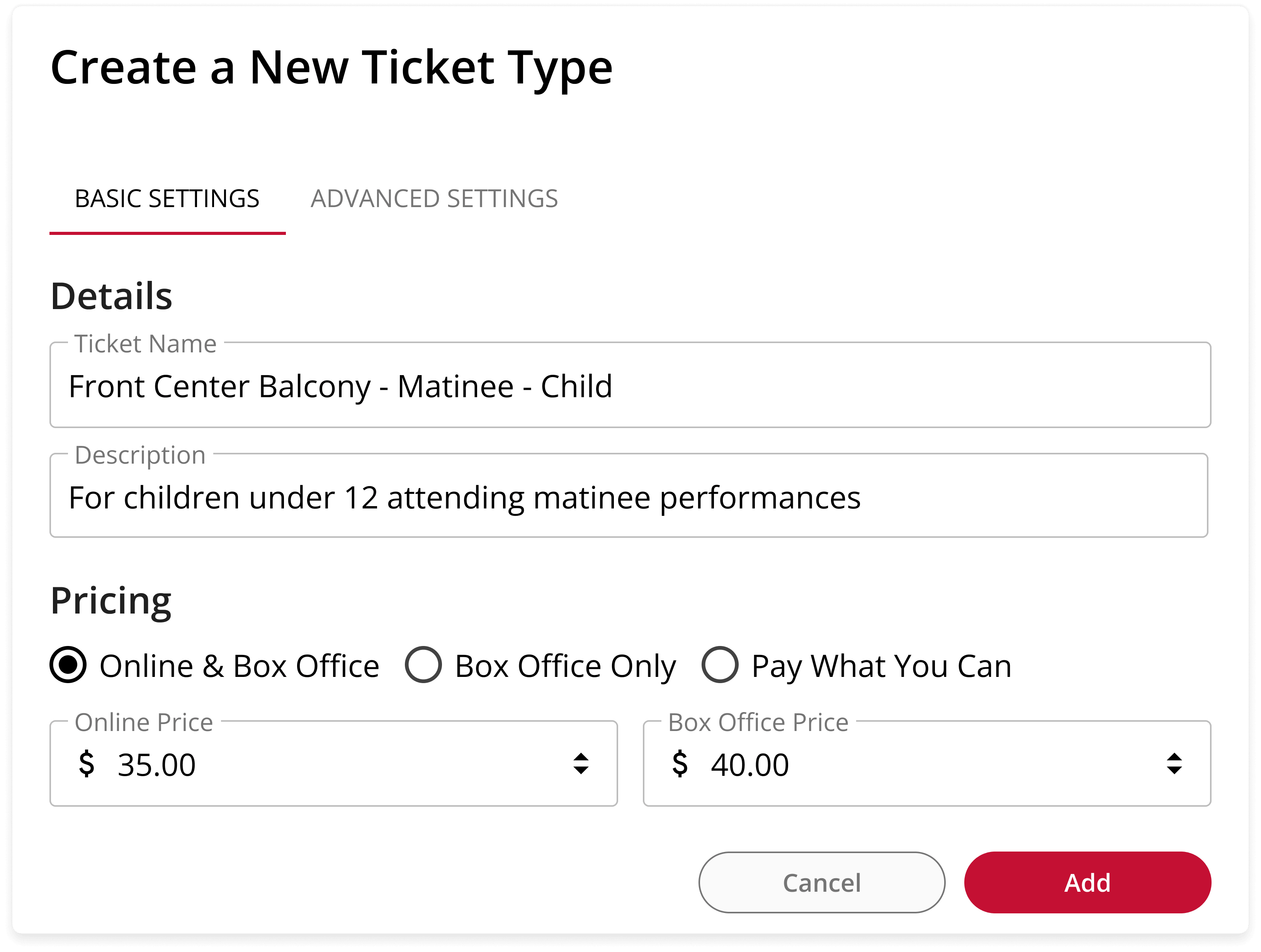 Creating a new ticket type with its own pricing settings
