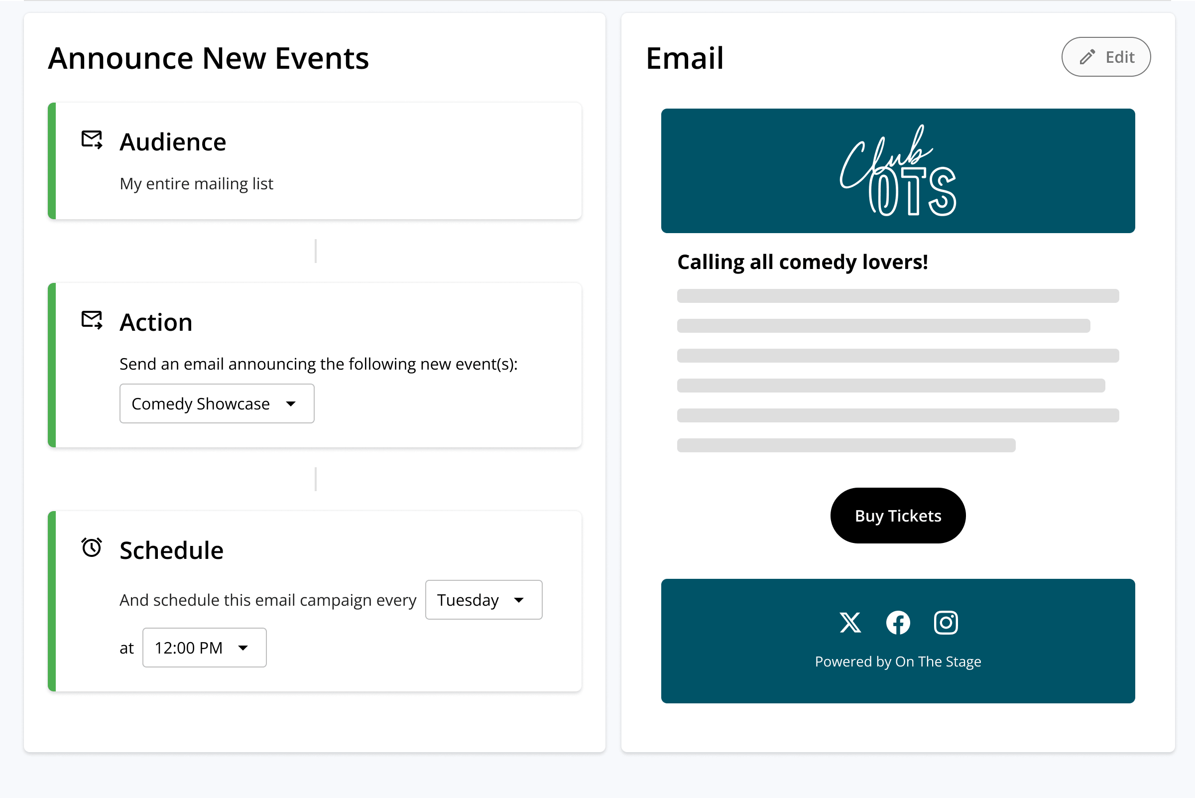 An automated email campaign announcing a new comedy showcase