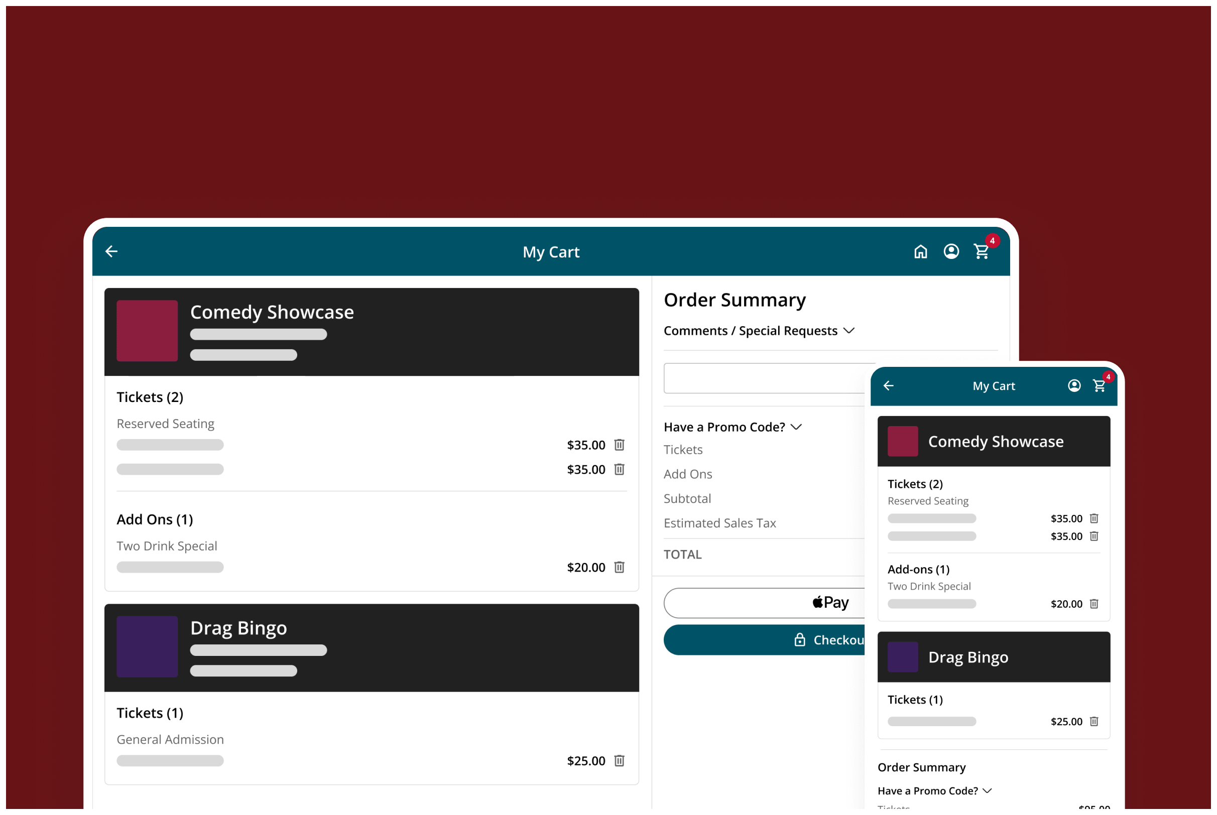 The On The Stage multi-cart checkout on desktop and mobile