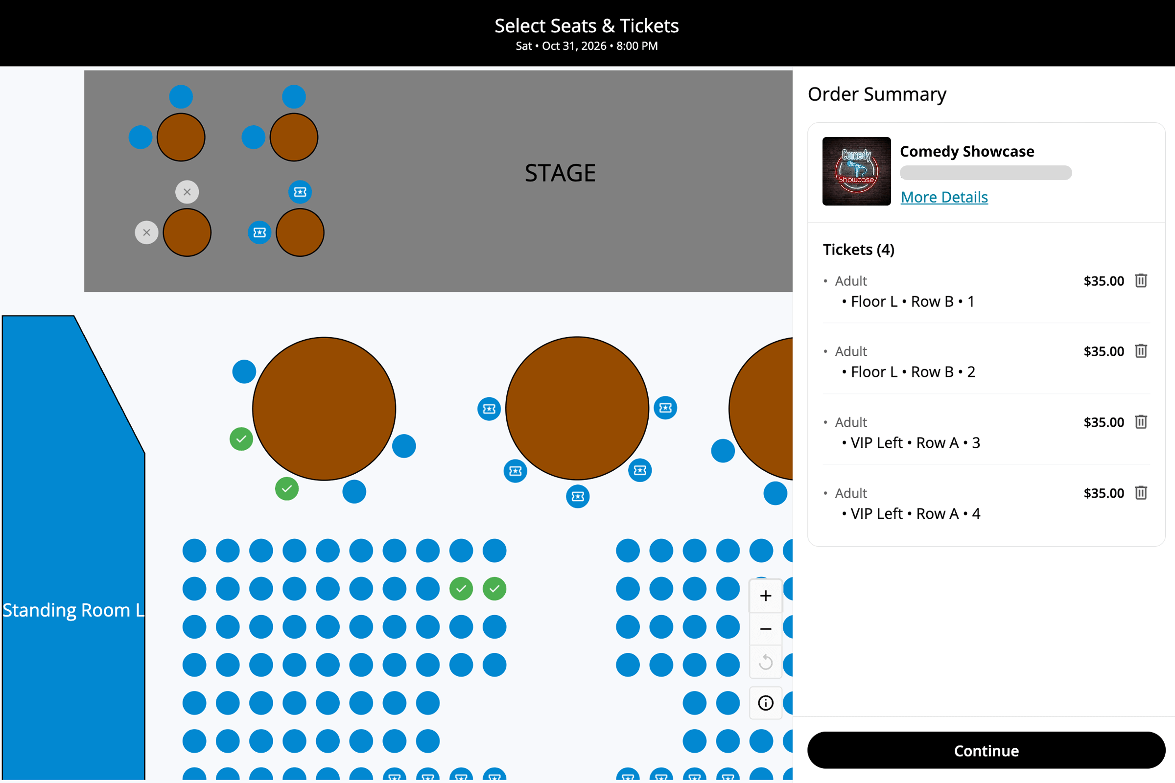 A patron choosing seats from the seating chart at a comedy club