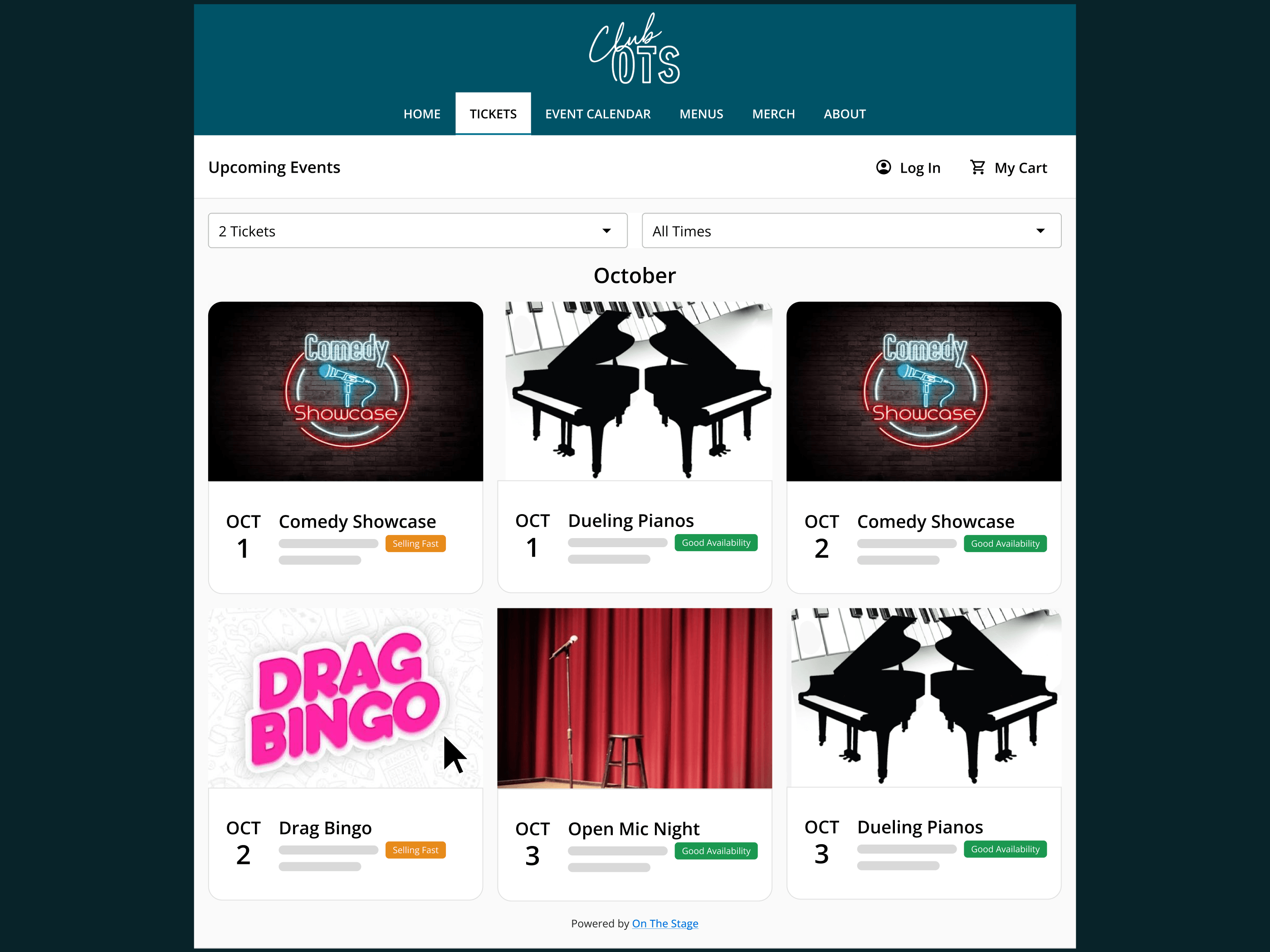 Setting up ticket types for a comedy club event in On The Stage