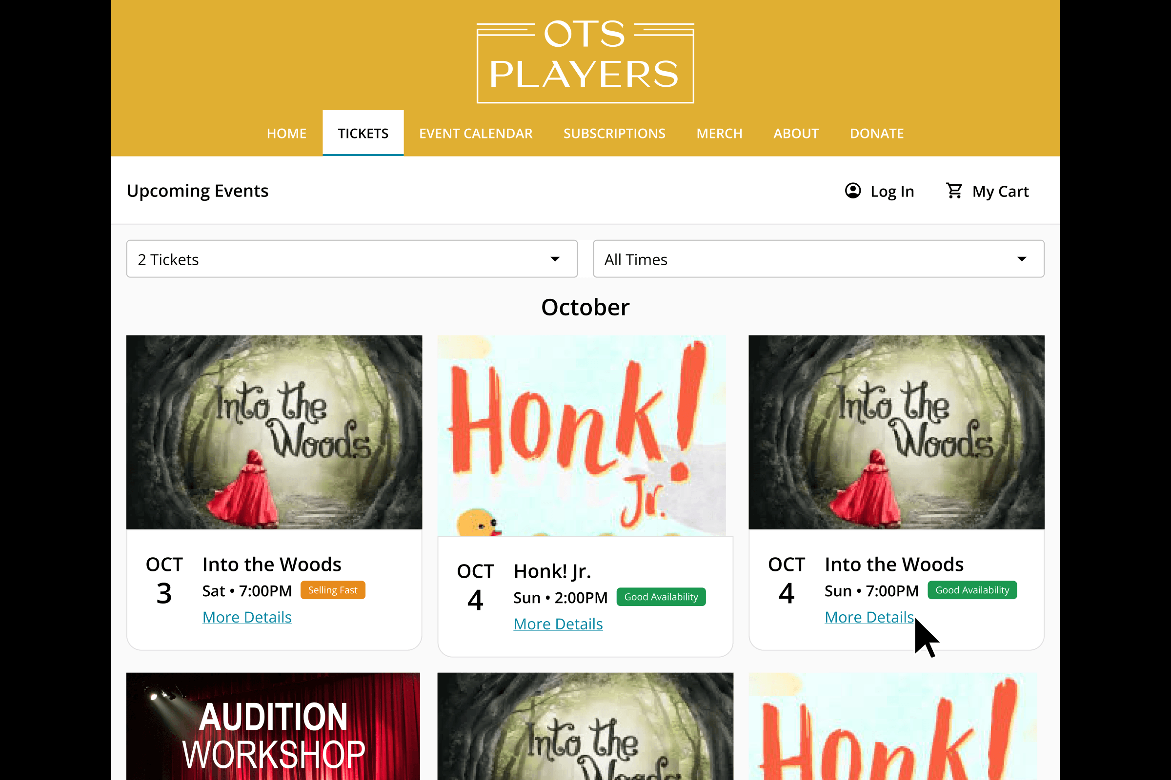 An On The Stage events-on-sale dashboard listing a community theater's productions with tickets sold against capacity.