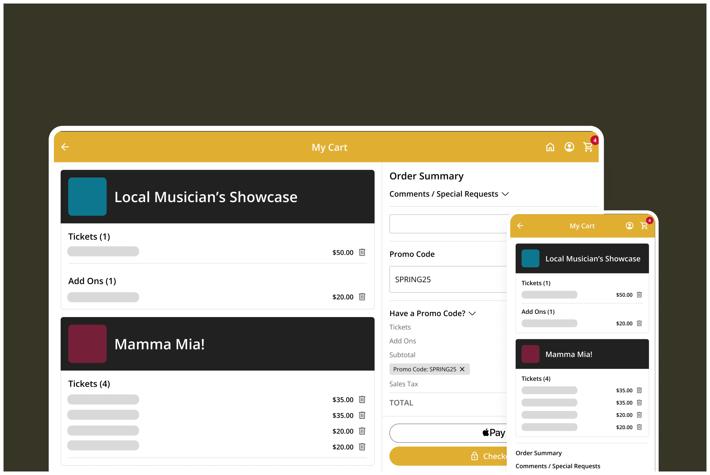 The On The Stage multi-cart checkout for a community theater, shown side by side on desktop and mobile.