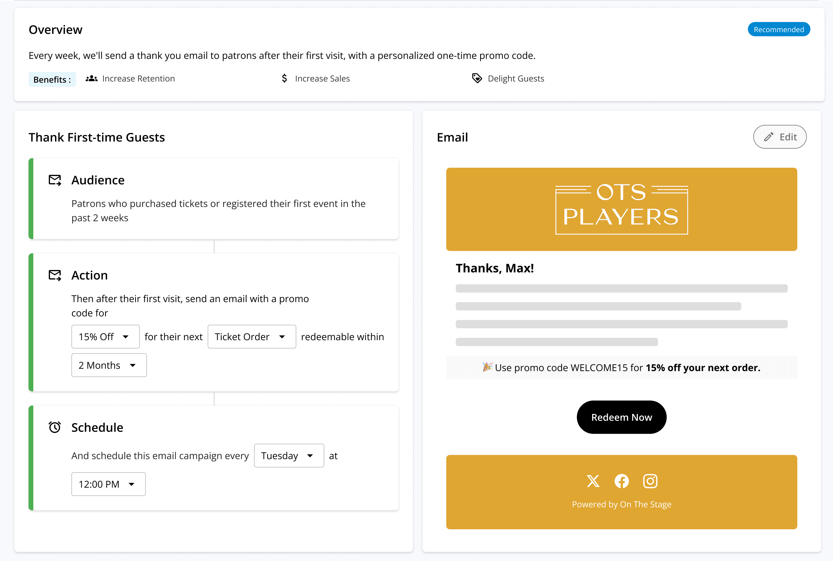An On The Stage automated campaign built to bring first-time community theater ticket buyers back next season.