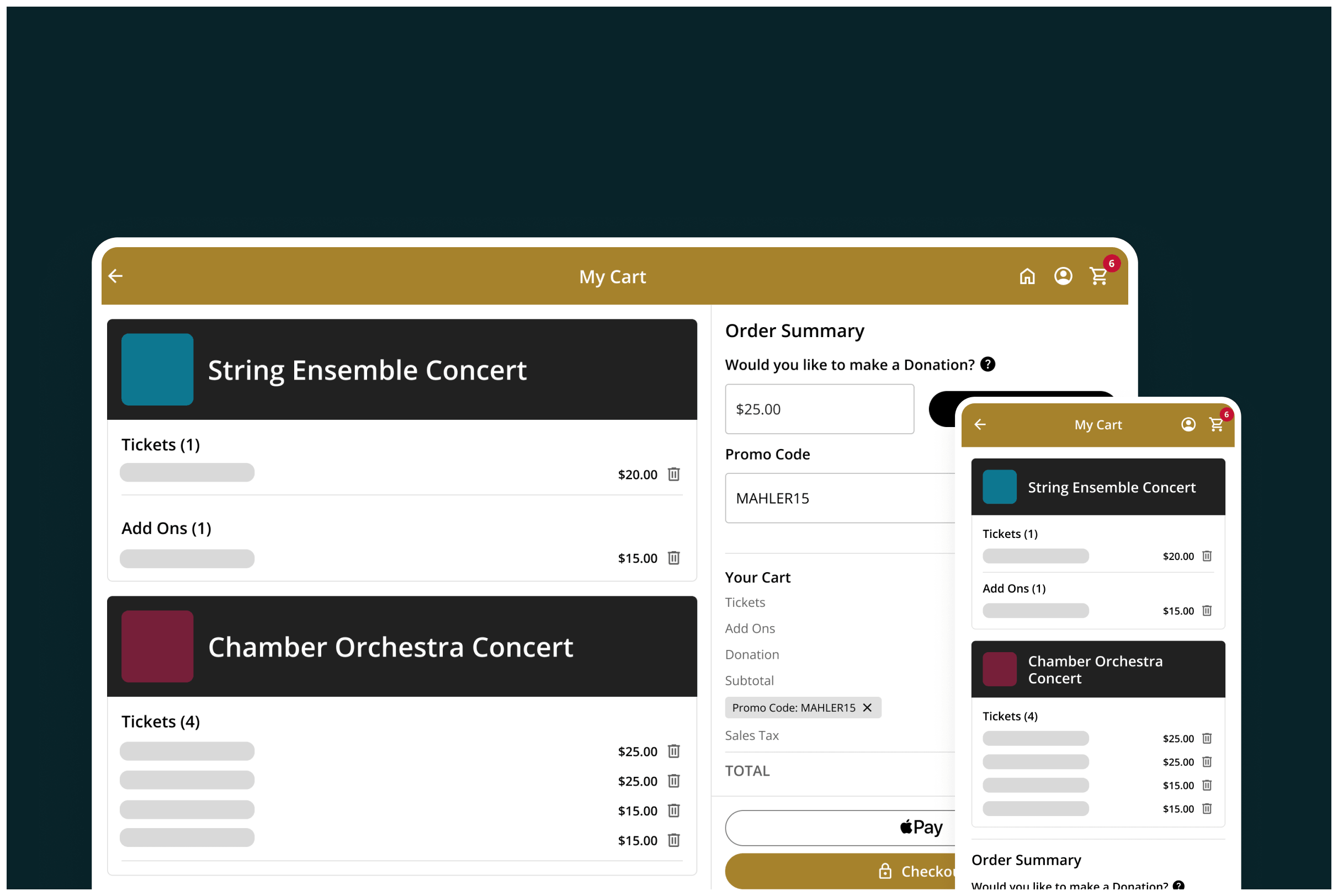 The On The Stage checkout for a community choir, on desktop and mobile