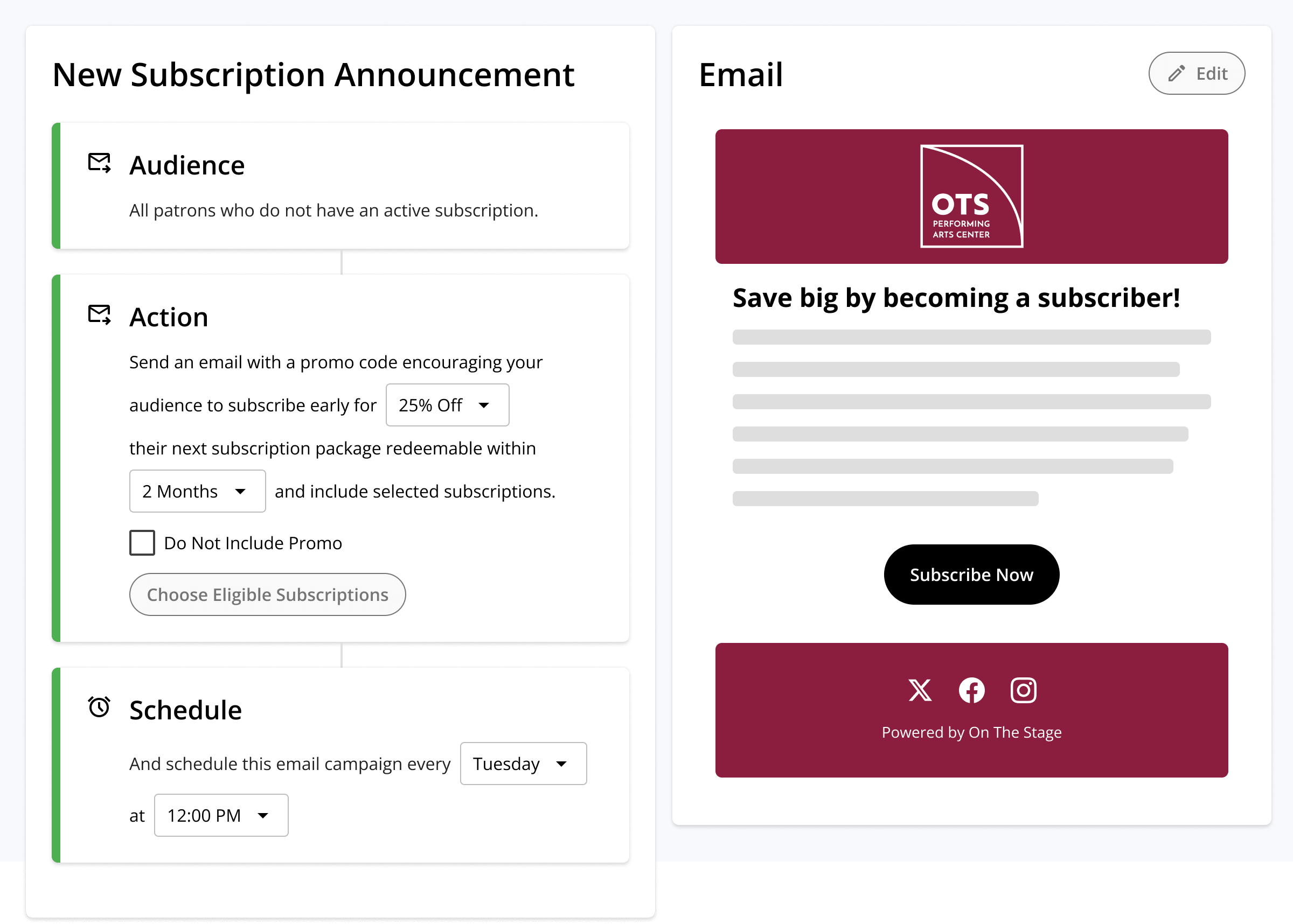 A new-subscription announcement play in the On The Stage marketing automation tools