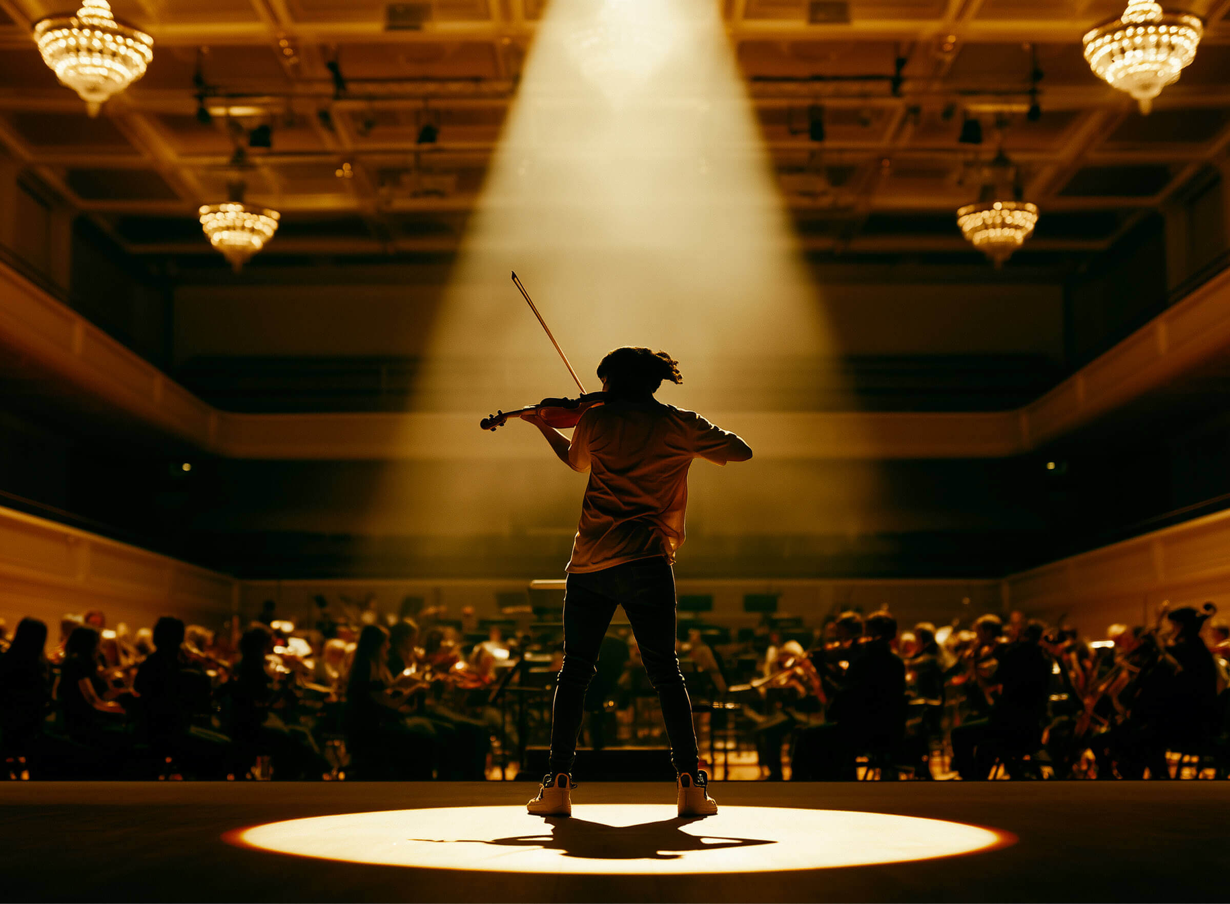 A violin soloist in a spotlight in front of a full orchestra on a concert hall stage