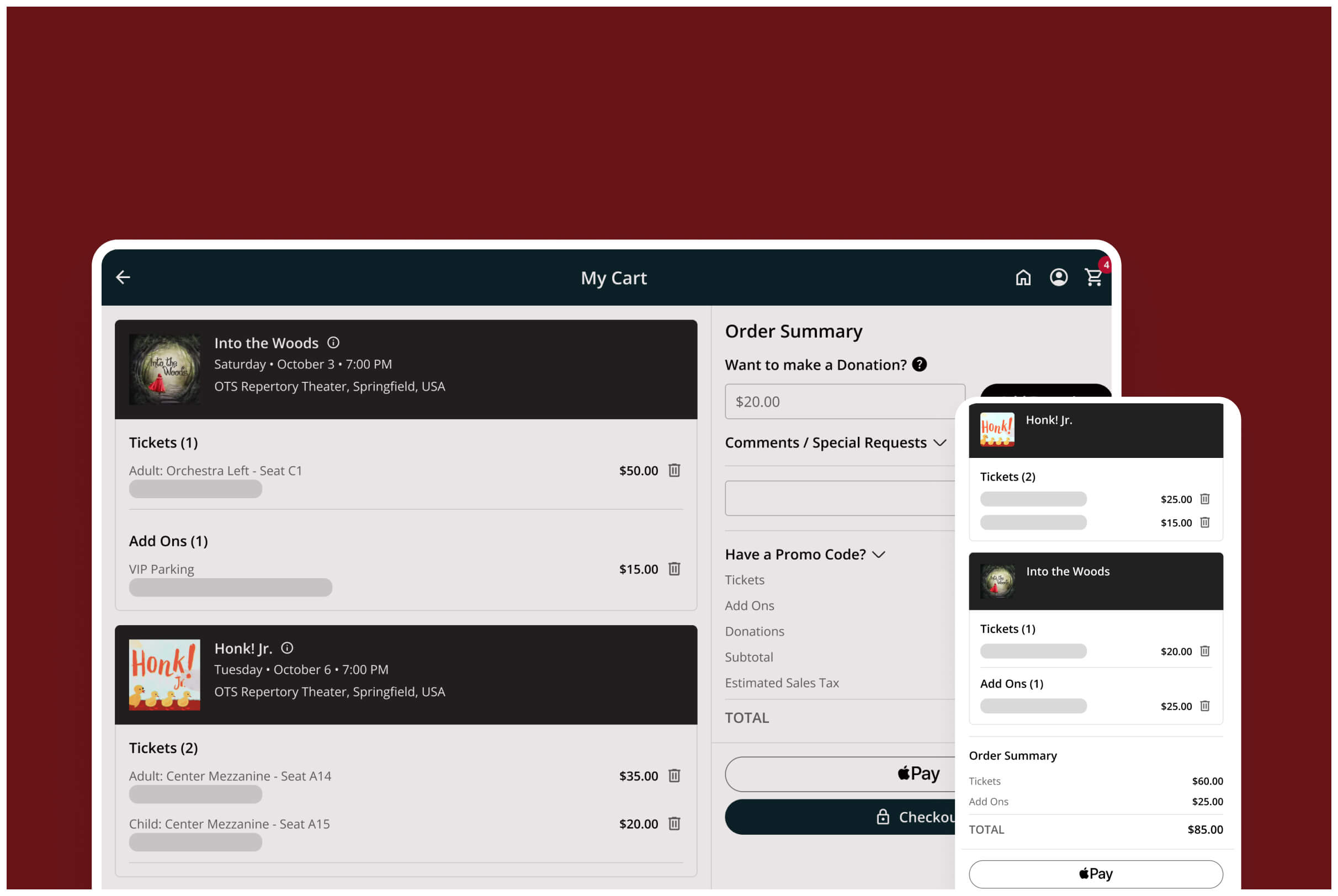 The On The Stage multi-cart checkout for a professional theater, shown side by side on desktop and mobile.