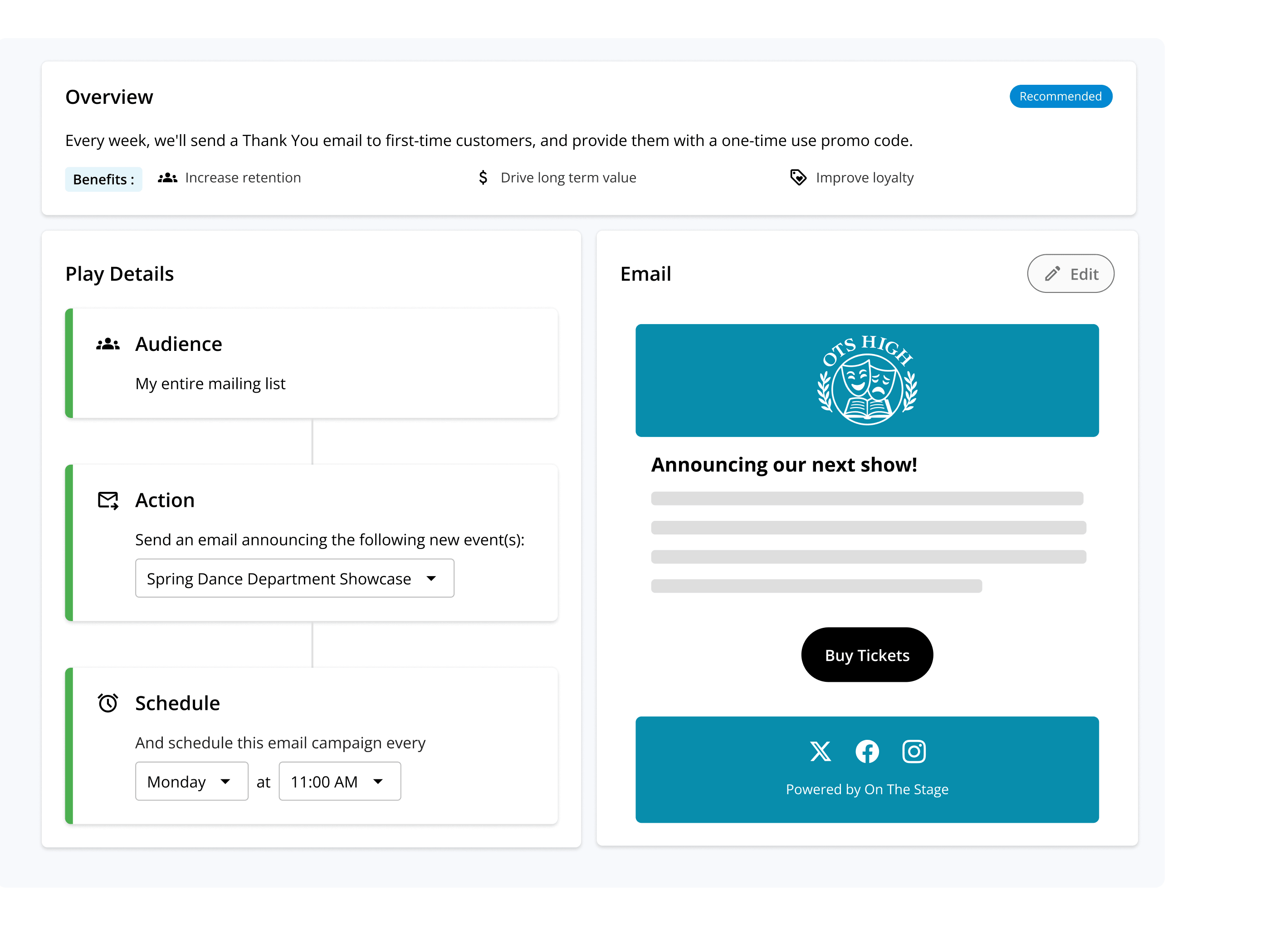 Announcing a new event in the On The Stage dashboard