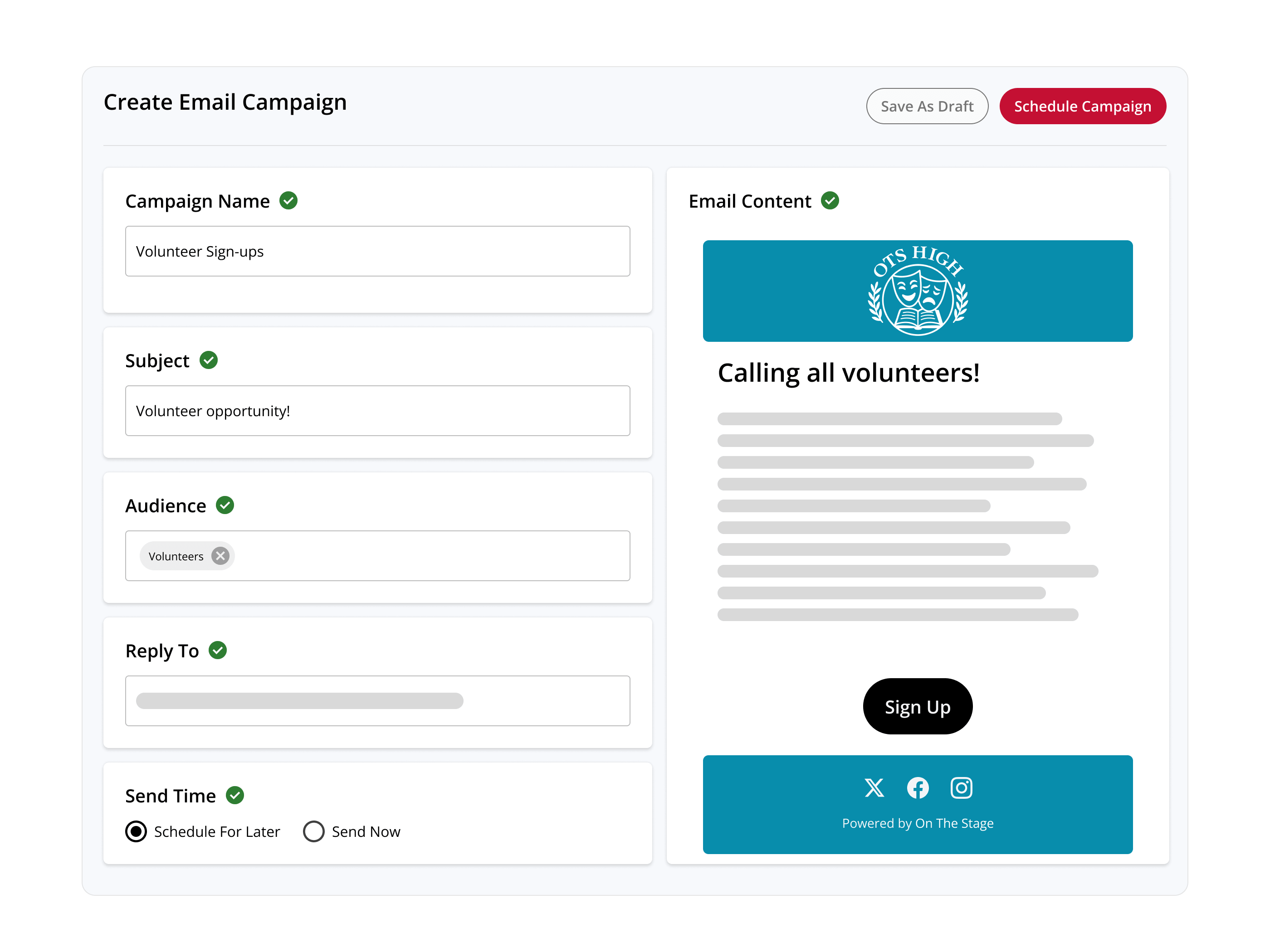A volunteer email campaign built in On The Stage