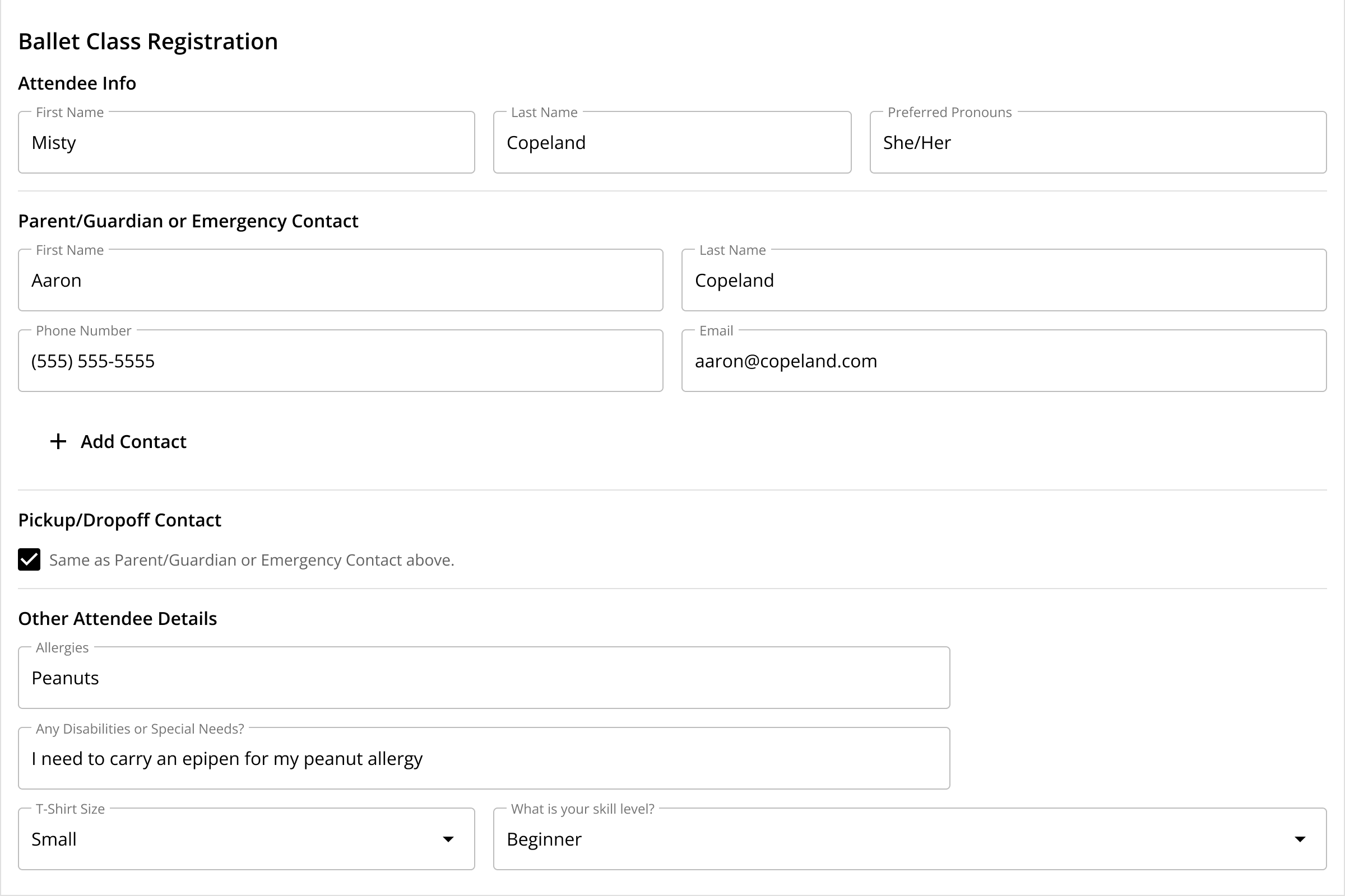 The On The Stage checkout form collecting attendee information for a ballet class registration.