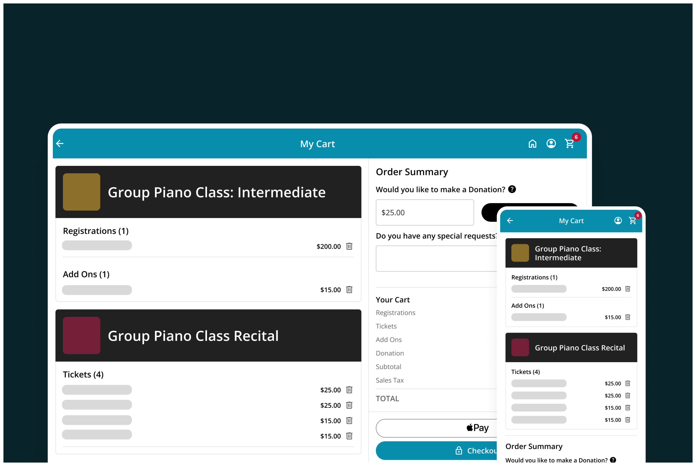 The On The Stage multi-cart checkout for a piano studio registration, shown side by side on desktop and mobile.