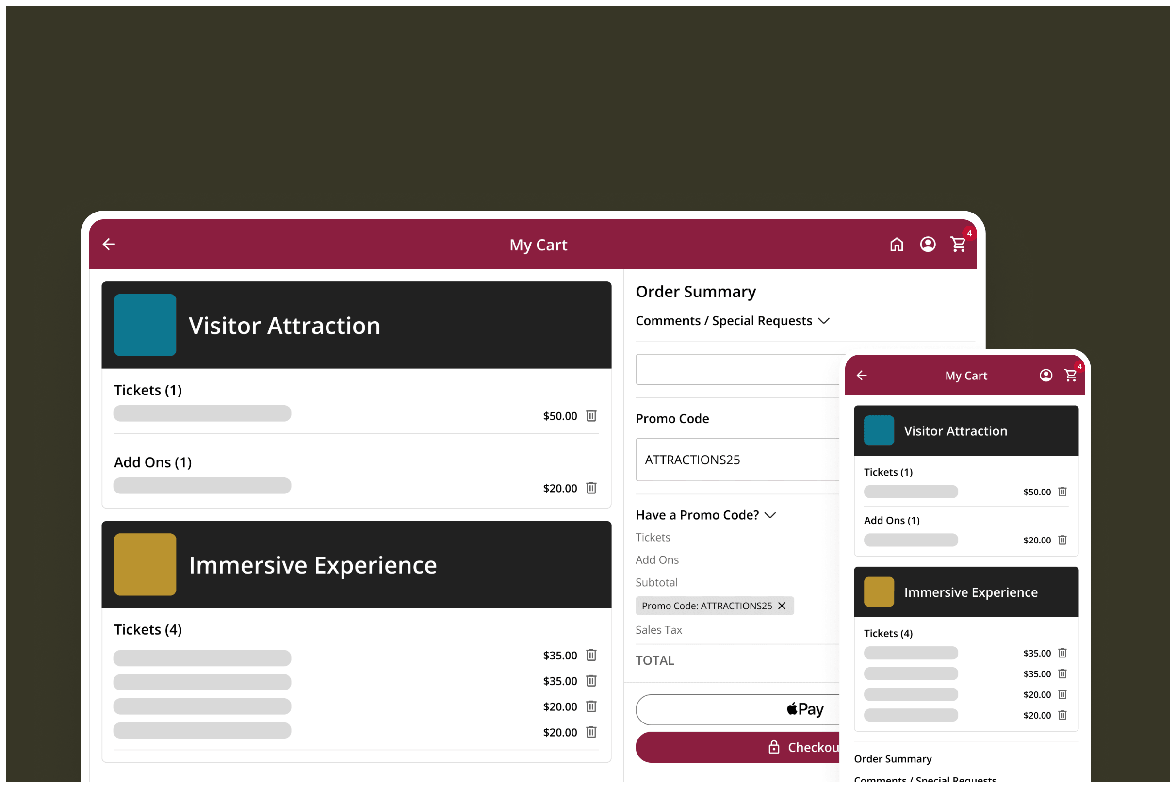 The On The Stage multi-cart checkout for a visitor attraction, shown side by side on desktop and mobile.