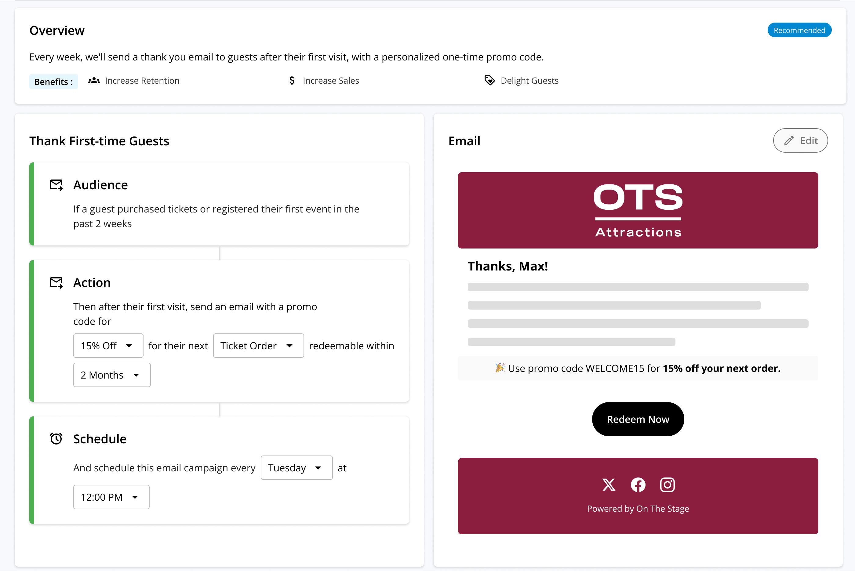 An On The Stage automated marketing campaign built to re-engage first-time visitors and bring them back to the attraction.