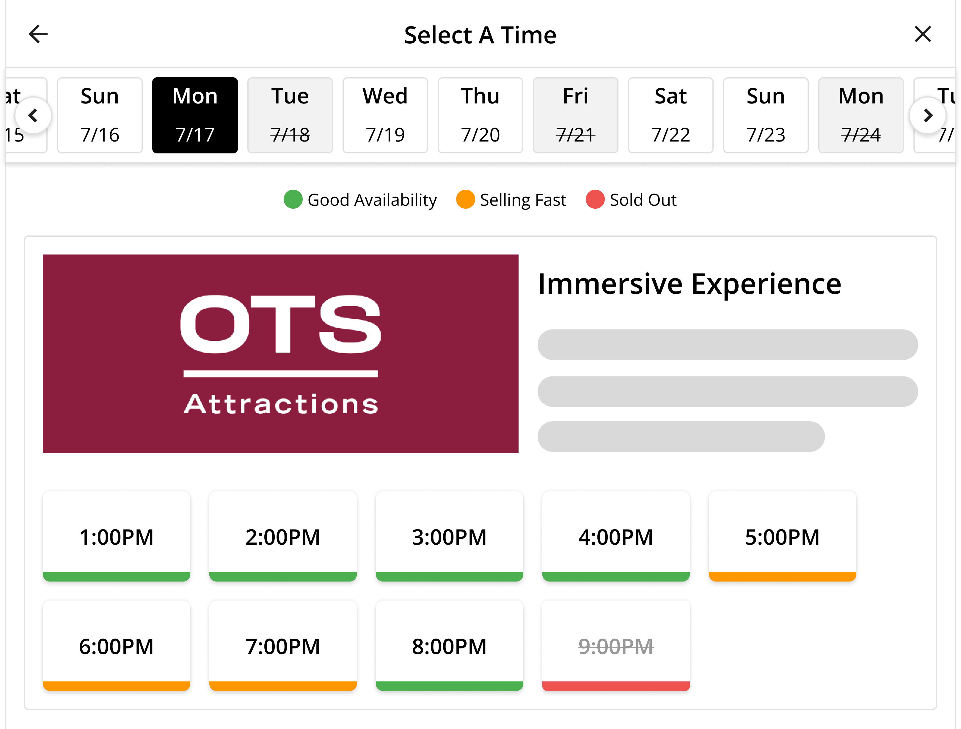 An On The Stage time-based entry schedule for a visitor attraction, showing entry slots across the day with remaining capacity on each.